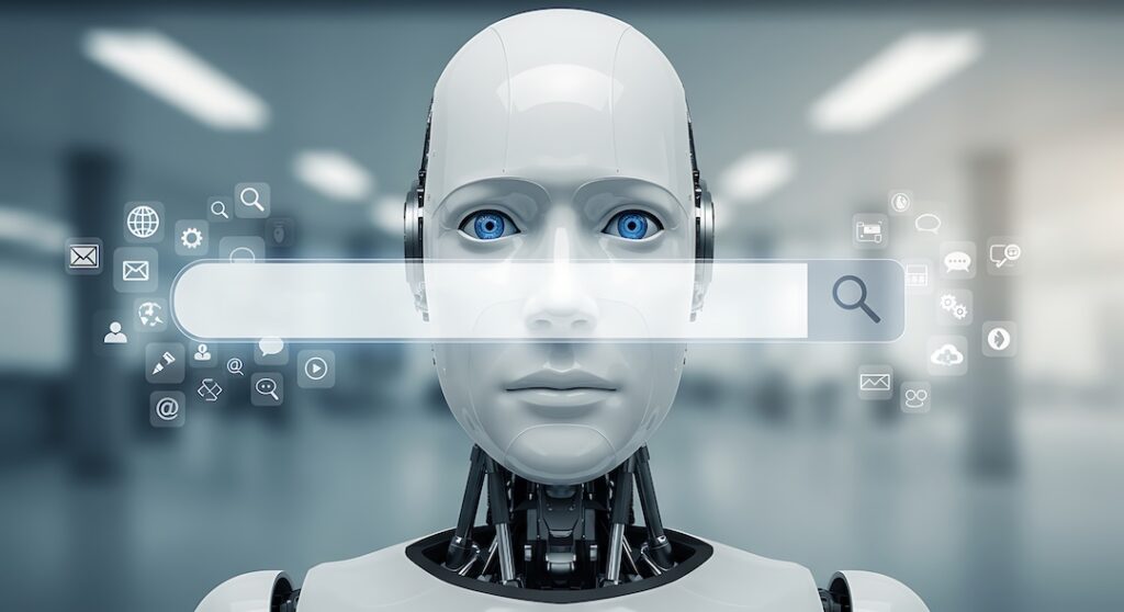 A feminine robot with white, plastic skin gazes out at the user over a search bar, illustrating the increasing takeover of web search functions by artificial intelligence as described by Elevantics, the AI SEO experts.